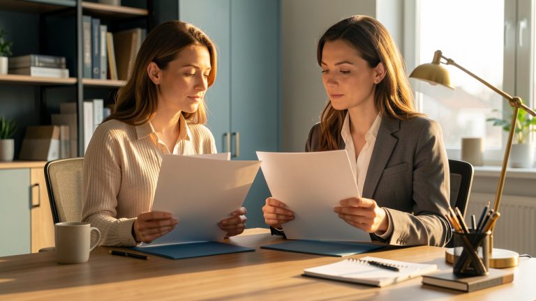 Une femme réfléchie compare seule deux dossiers vierges posés sur un bureau moderne, dans un espace de travail contemporain éclairé par une lumière matinale.