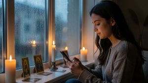 Jeune femme pensive assise près d’une fenêtre pluvieuse, tenant un téléphone silencieux dans une ambiance douce et introspective.