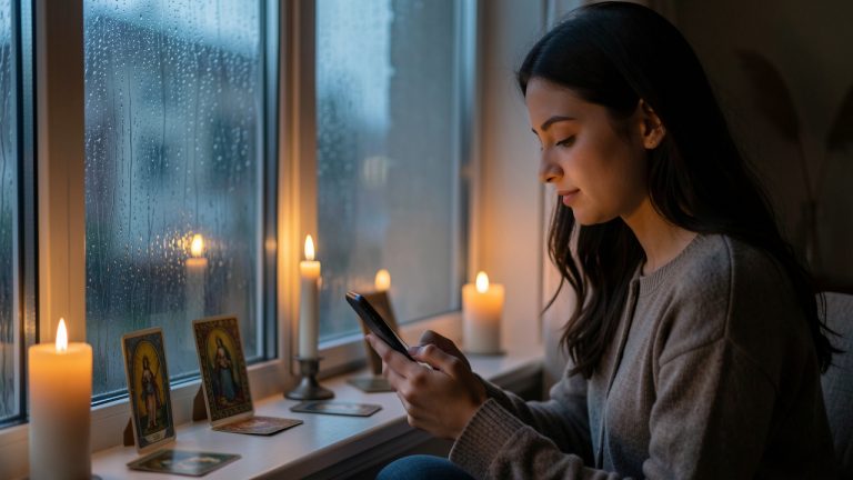 Jeune femme pensive assise près d’une fenêtre pluvieuse, tenant un téléphone silencieux dans une ambiance douce et introspective.
