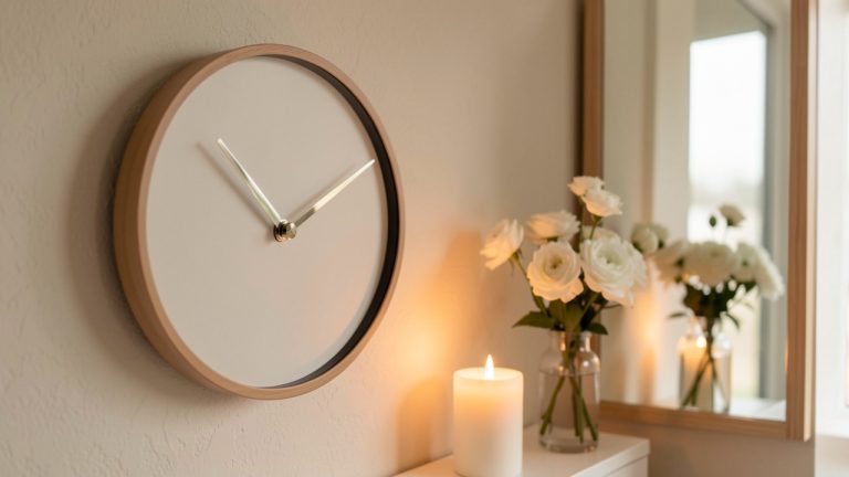 Scène commémorative paisible avec une horloge minimaliste, une bougie allumée, des fleurs blanches et leur reflet dans un miroir baigné de lumière douce.