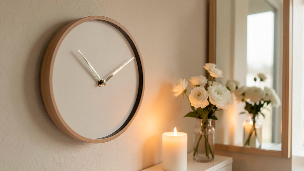 Scène commémorative paisible avec une horloge minimaliste, une bougie allumée, des fleurs blanches et leur reflet dans un miroir baigné de lumière douce.