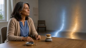 Une femme réfléchit calmement près d’une table de consultation avec une boussole, des pierres équilibrées et deux chemins suggérés par une lumière douce.