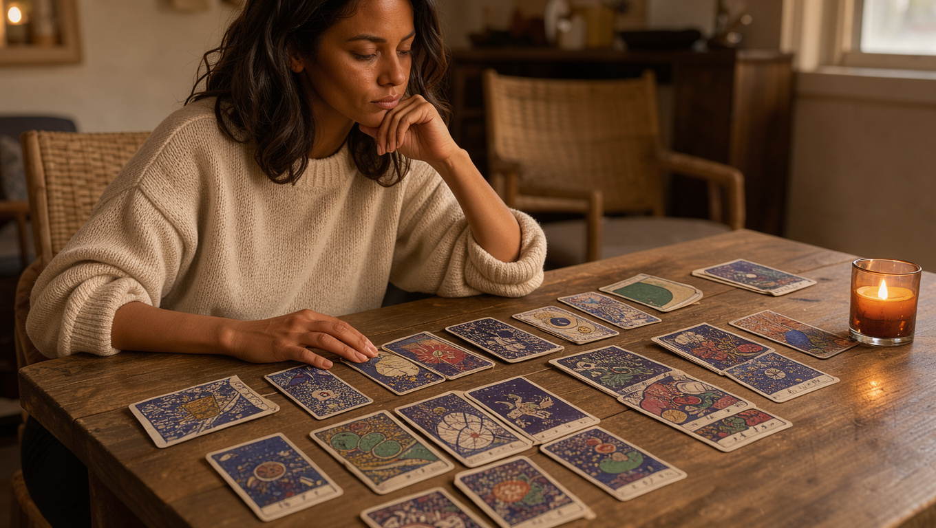 Une femme réfléchit calmement devant un tirage de cartes de tarot aux motifs symboliques sur une table en bois, dans une lumière chaude et une ambiance apaisante.