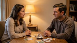 Une femme réfléchie échange avec un homme dans une pièce chaleureuse lors d’une consultation symbolique consacrée à un choix familial.