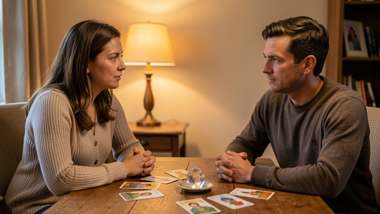 Une femme réfléchie échange avec un homme dans une pièce chaleureuse lors d’une consultation symbolique consacrée à un choix familial.