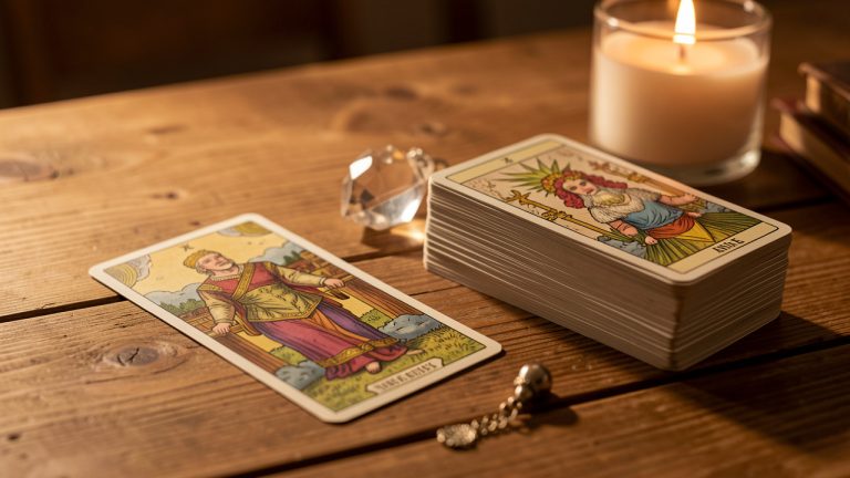 Une table en bois éclairée chaleureusement avec une carte de tarot visible, un paquet de cartes bien rangé, un pendule en cristal et une bougie, évoquant une lecture réfléchie du tarot.