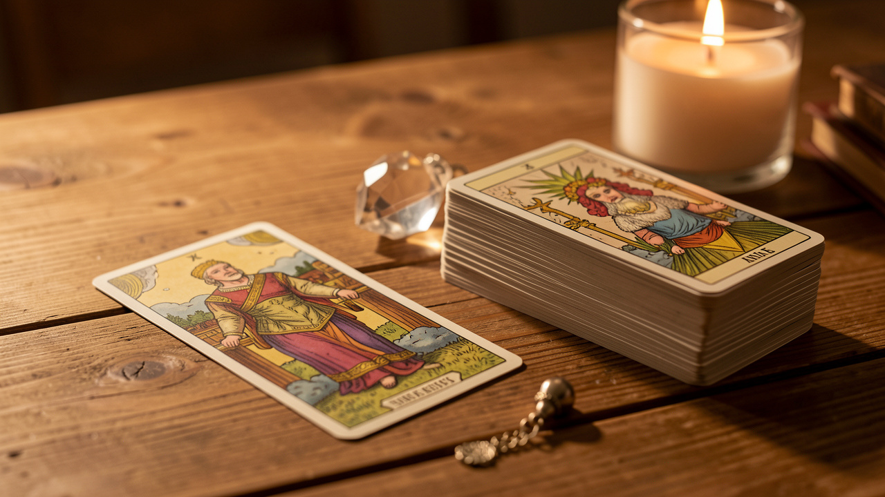 Une table en bois éclairée chaleureusement avec une carte de tarot visible, un paquet de cartes bien rangé, un pendule en cristal et une bougie, évoquant une lecture réfléchie du tarot.